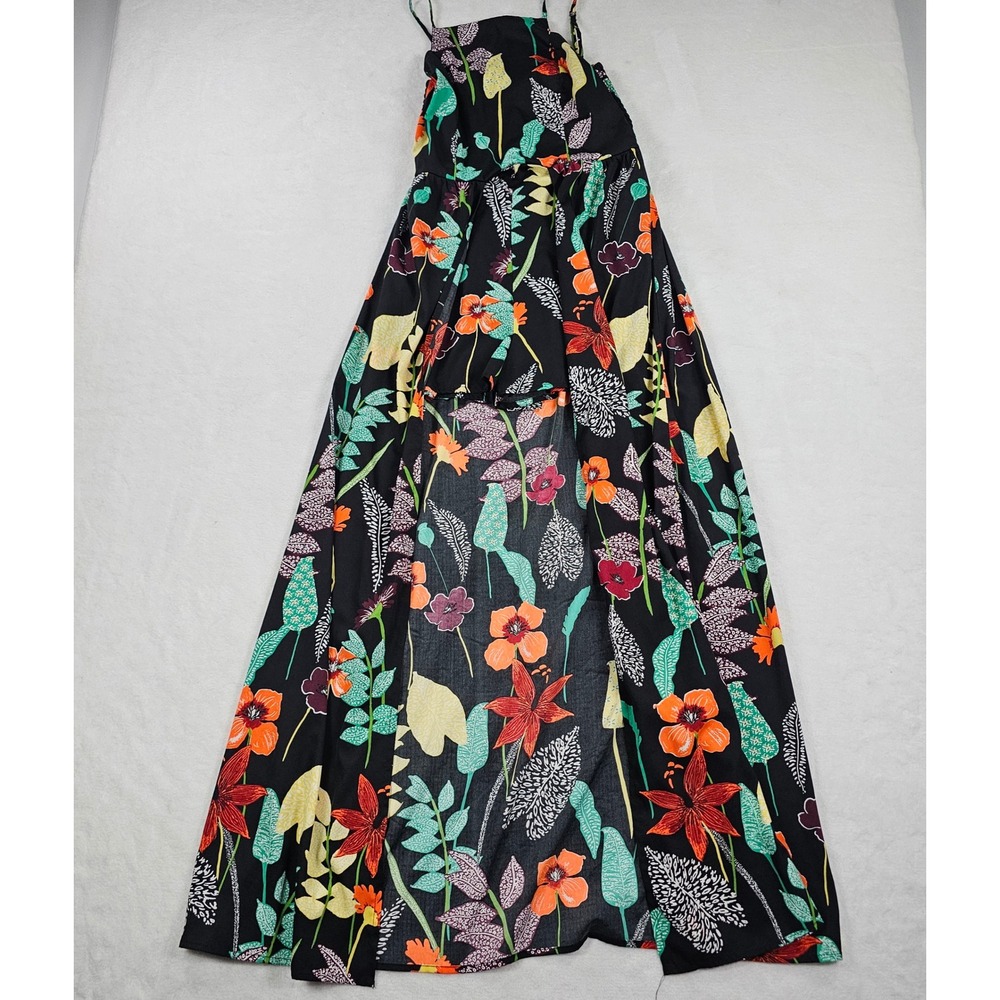 Land of Gypsies Black Floral Maxi Romper Skirt Overlay Sleeveless Med W2640903L
